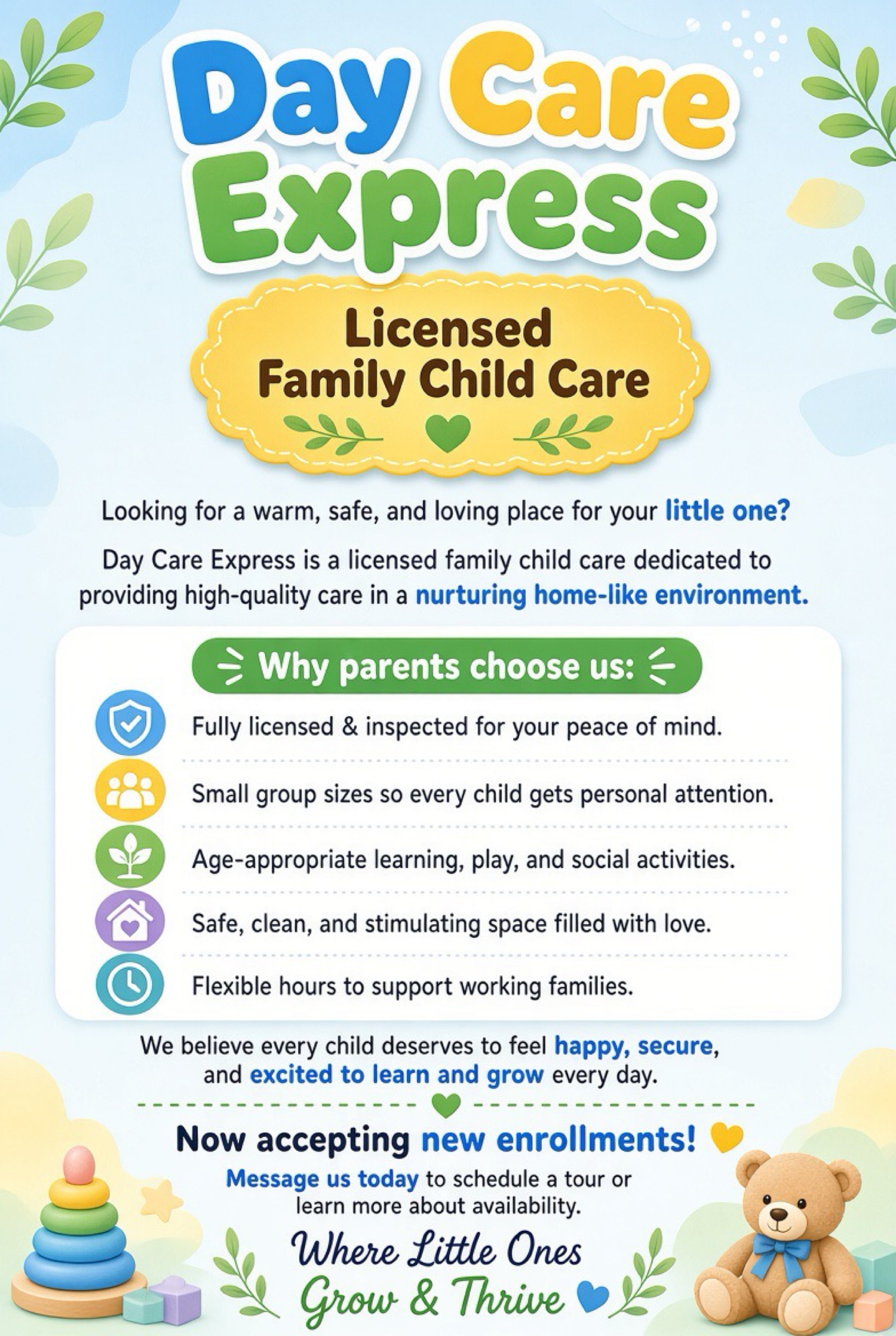 Day Care Express flyer: licensed family child care, why parents choose us, now accepting new enrollments