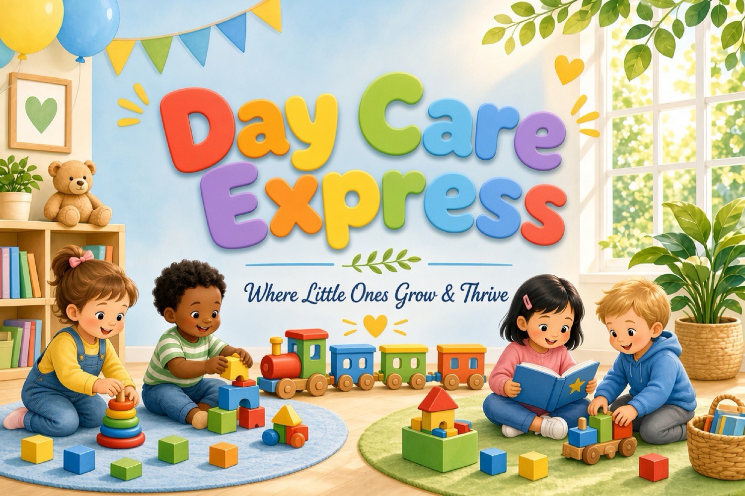 Day Care Express: Where Little Ones Grow and Thrive. Children playing with a rainbow wooden train, blocks, books, and toys.